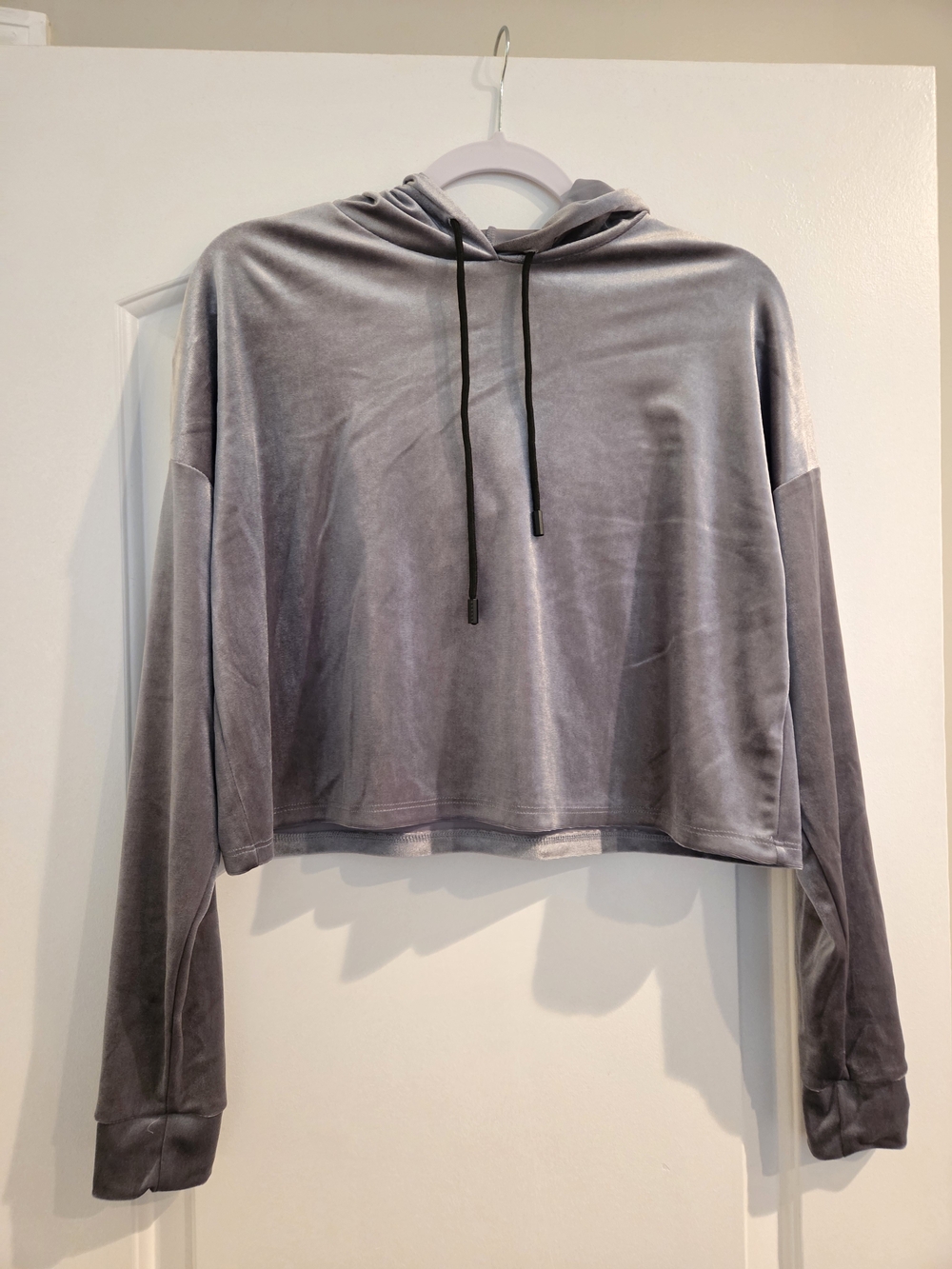 Cropped Velvet Hooded Pullover - Gray